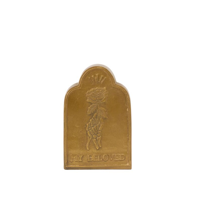 Bronze decorative plaque with floral design and 'My Beloved' text on a white background