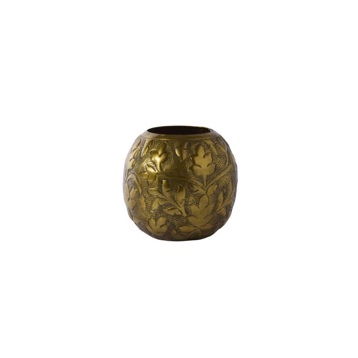 Decorative brass vase with intricate patterns on a white background