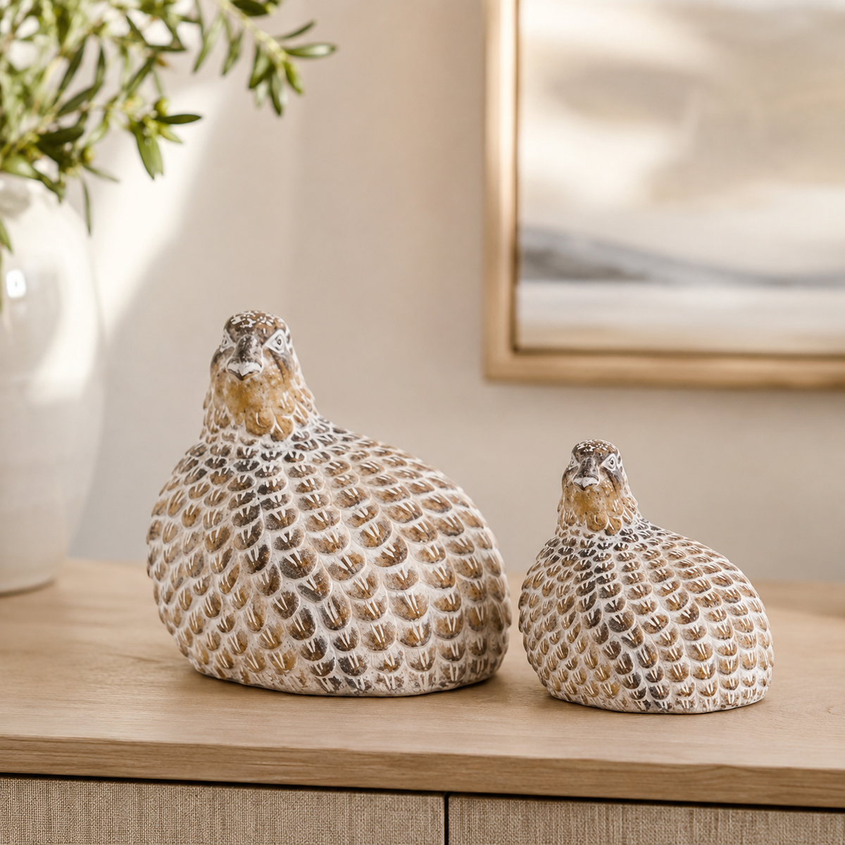 Design Shop Tan Whitewashed Quail Figurines, Set of 2