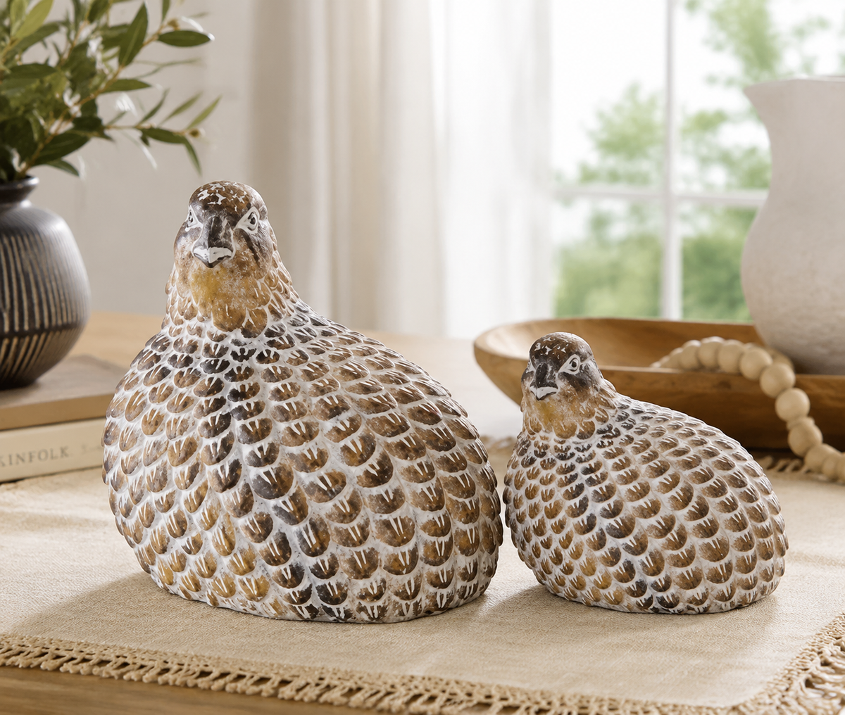 Design Shop Tan Whitewashed Quail Figurines, Set of 2