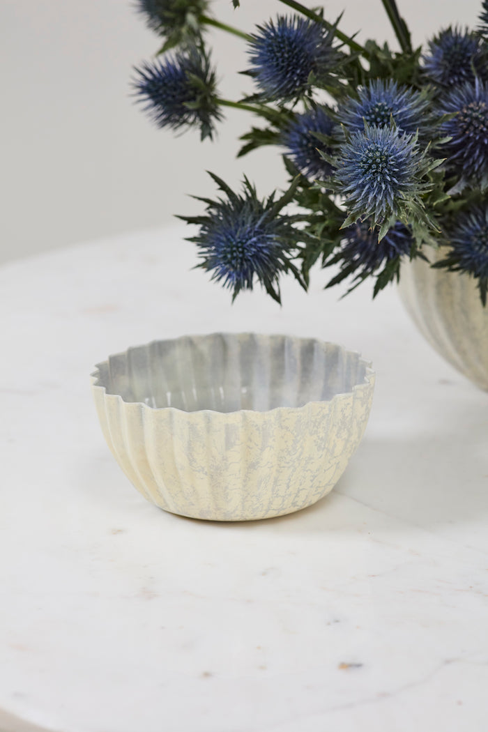 Decorative metal bowl on a white surface with a plant in the background