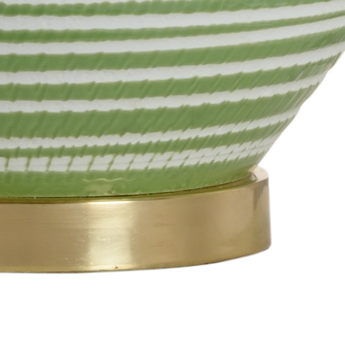 Close-up of a green and white striped vase with a gold base on a white background