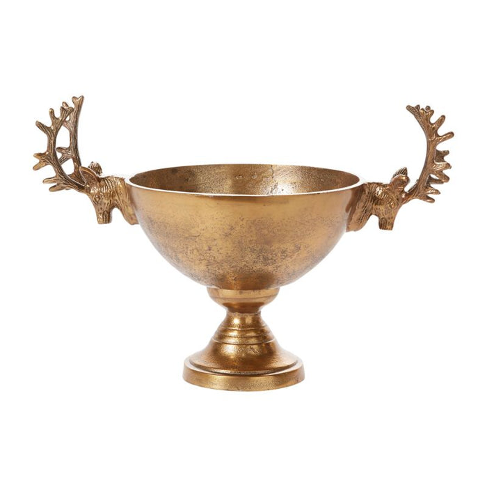 A decorative bowl with a golden finish, featuring antler-like protrusions on the sides.