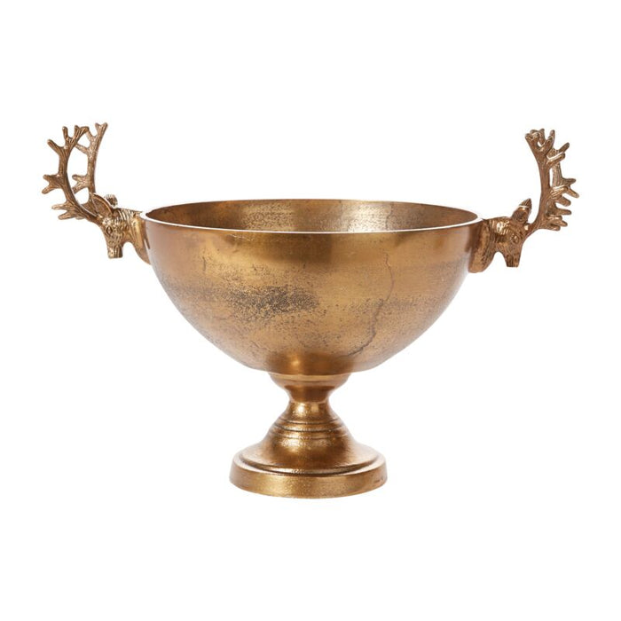 Bronze bowl with antler handles on a white background
