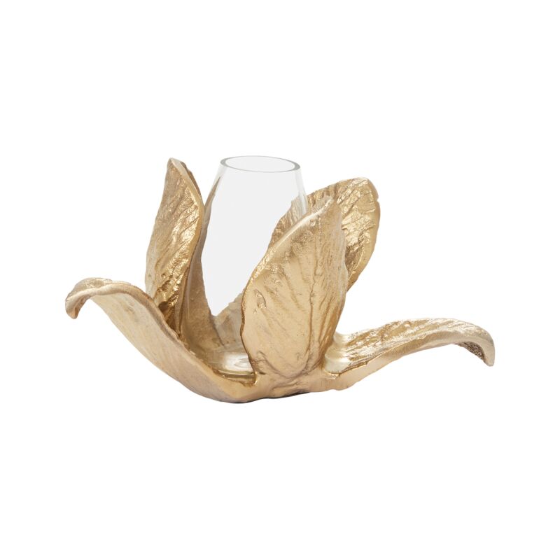Decorative gold candle holder with a white candle on a white background