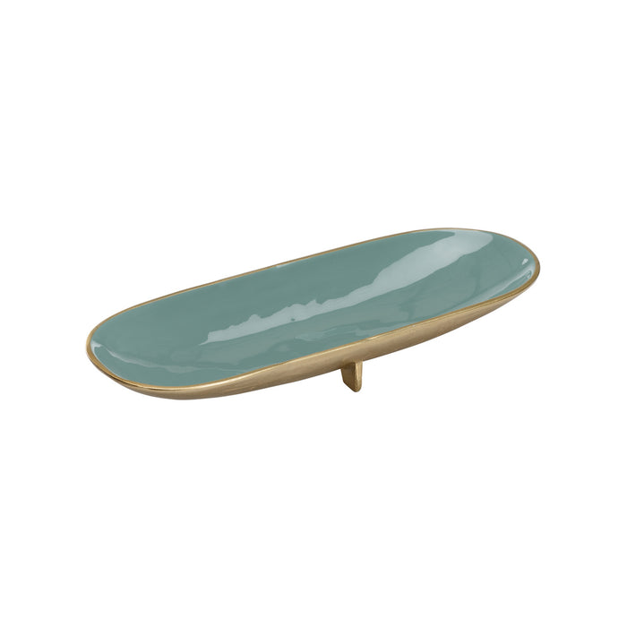 Green ceramic tray with gold rim on a white background