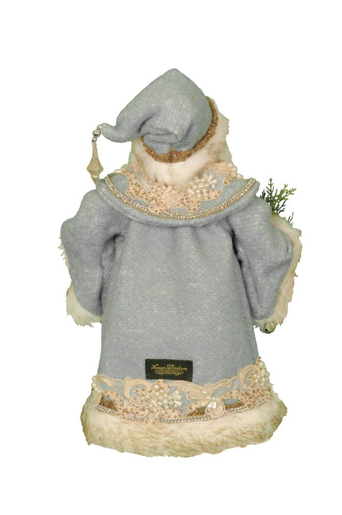 Decorative figure of a gnome in gray outfit with decorative elements on a white background