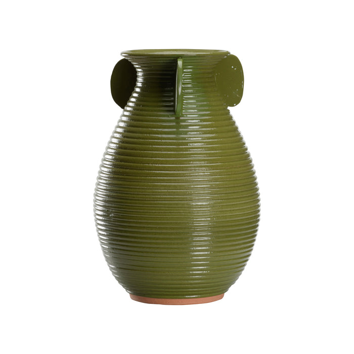 Green ribbed vase on a white background