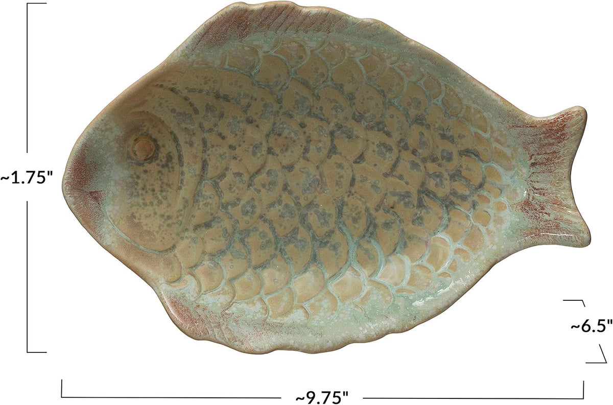 Design Shop Stoneware Fish Dish, Reactive Glaze, Multi Color (each One Will Vary) Plate, 9.75"