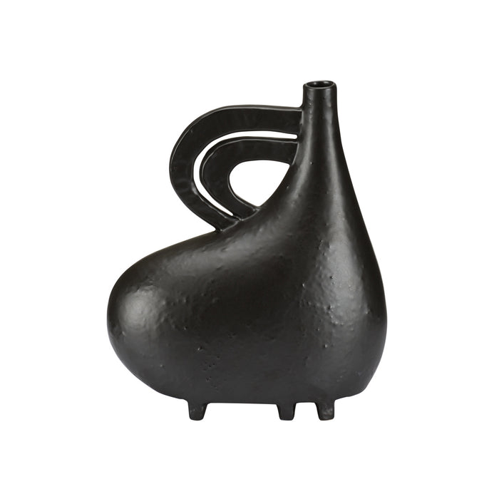Black ceramic vase with a unique design on a white background