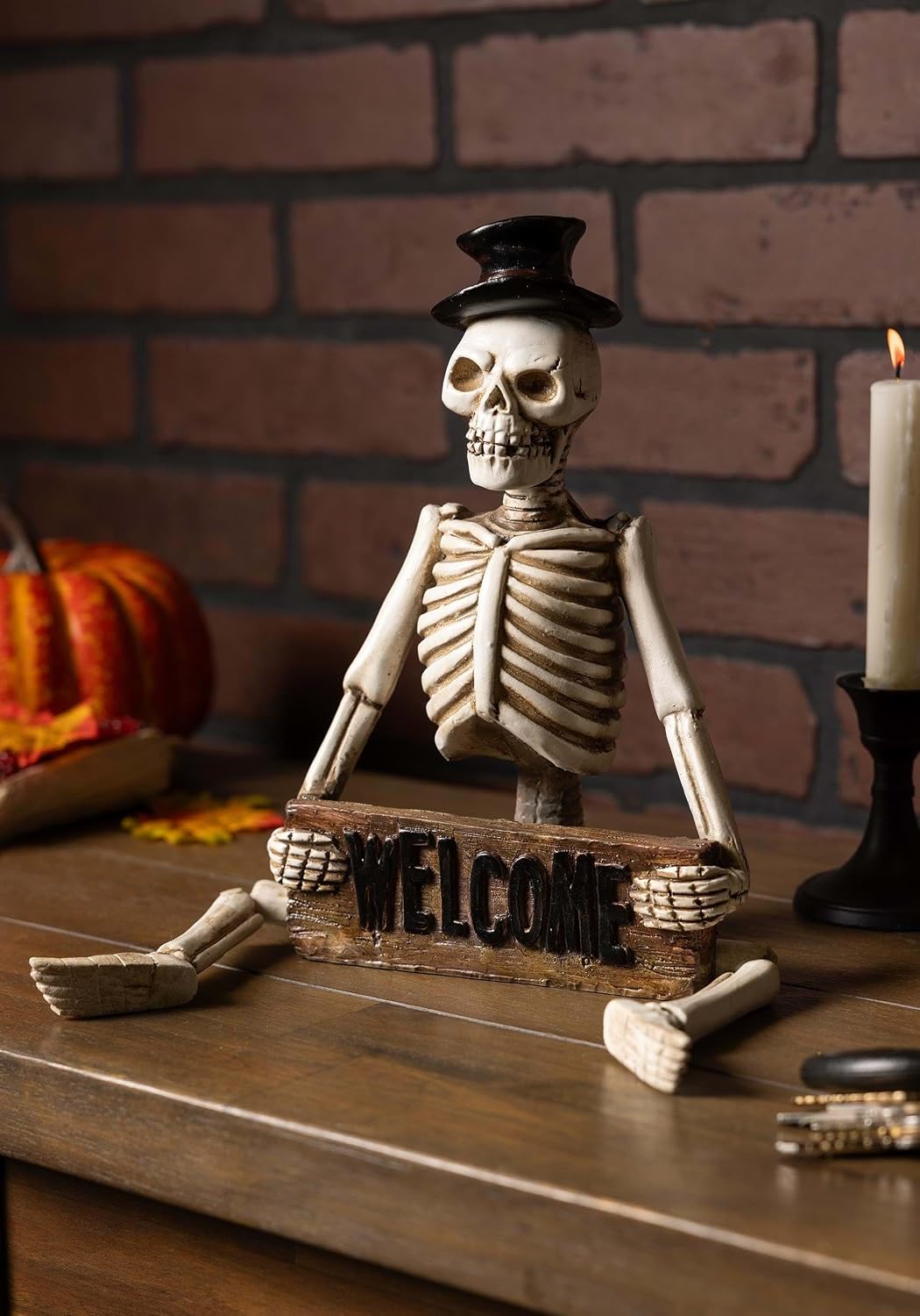 Design Shop 17.5 Inch Resin Skeleton Man Shelf Sitter with Welcome Sign, White