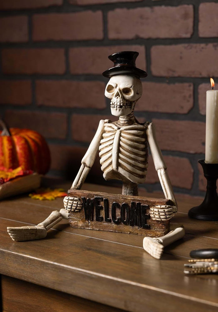Design Shop 17.5 Inch Resin Skeleton Man Shelf Sitter with Welcome Sign, White