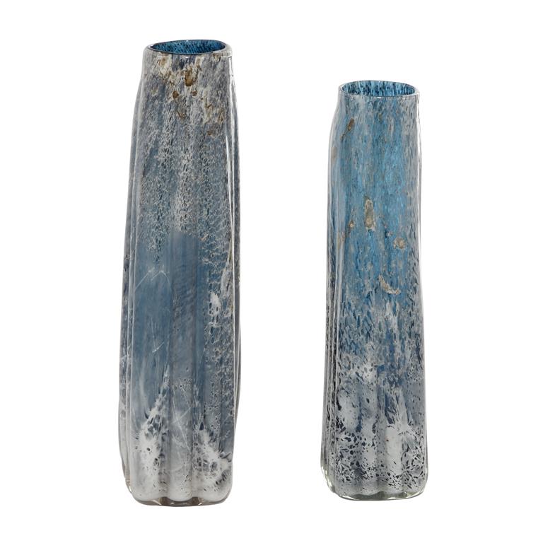 Blue Glass Handmade Blown Vase, Set Of 2 16", 15"H