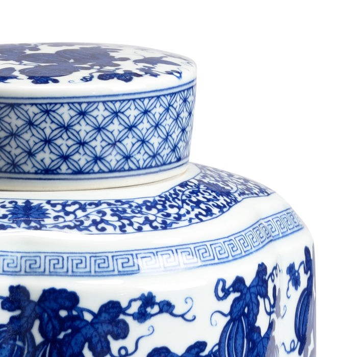 Close-up of a blue and white ceramic jar with intricate patterns on a white background