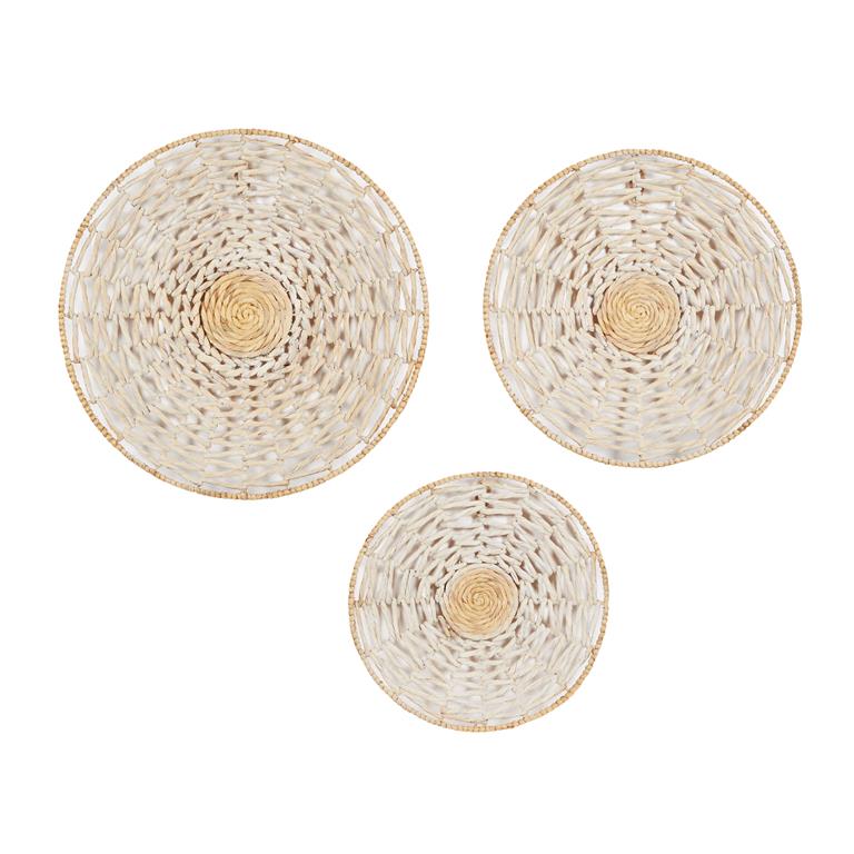 Cream Seagrass Plate Handmade Woven Basket Wall Decor, Set Of 3 20", 24", 28"H