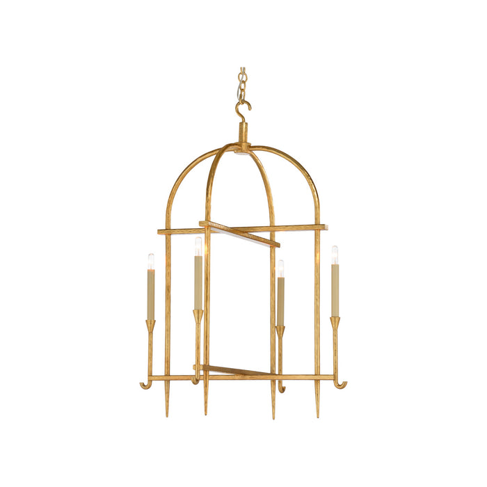 Gold chandelier with candle-like lights on a white background