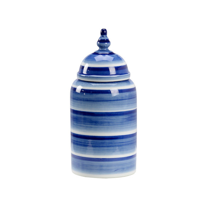 Blue and white striped ceramic jar with a lid on a white background