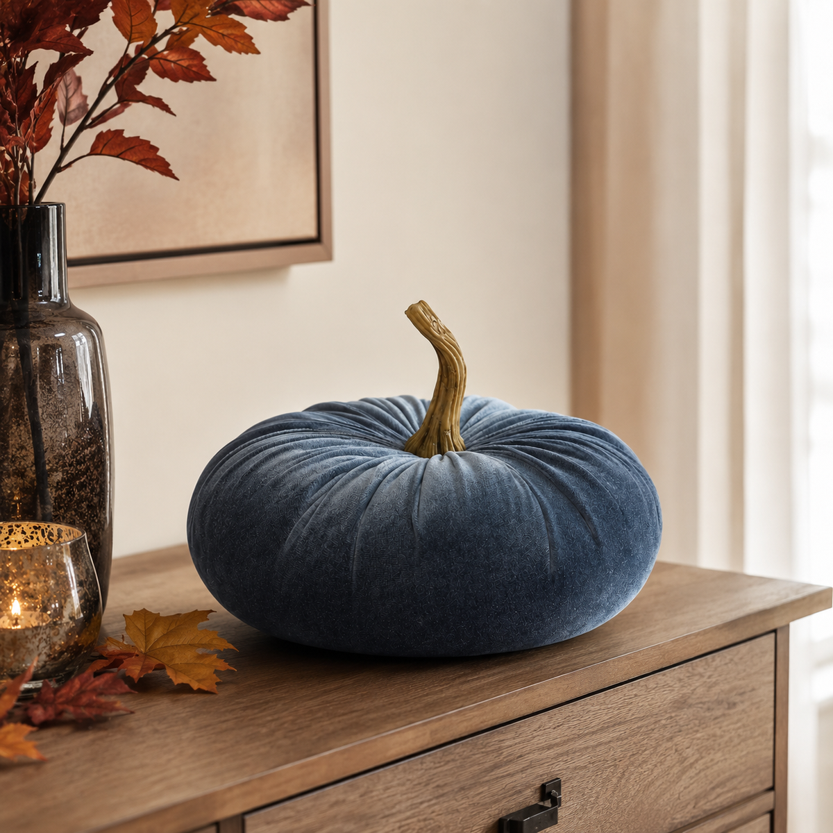 Design Shop 7.25 Inch Slate Blue Velvet Stuffed Pumpkin Set of 2