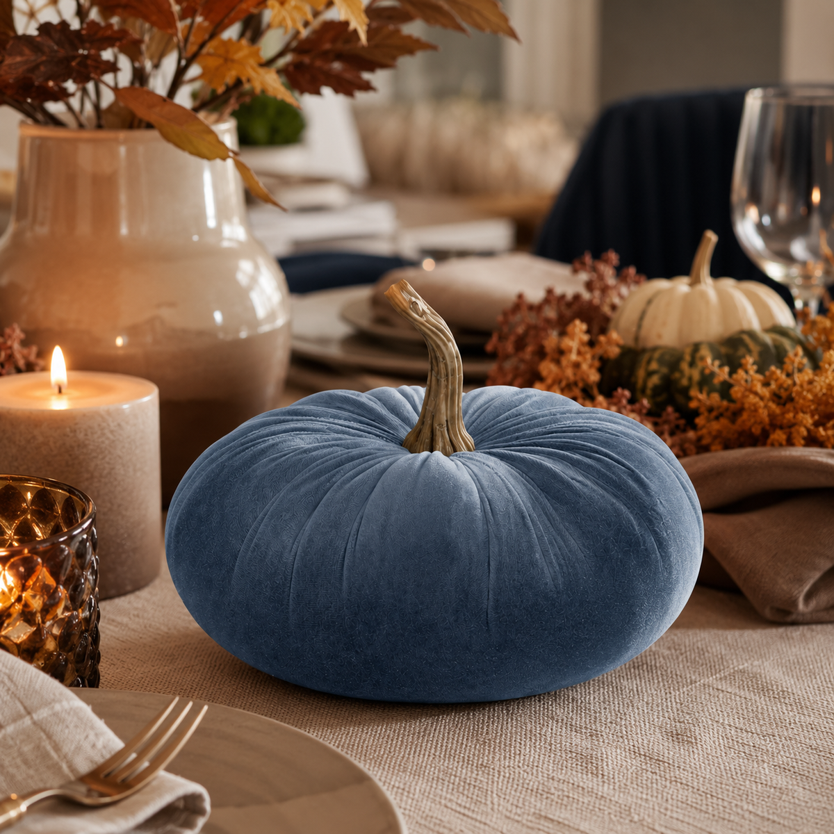 Design Shop 7.25 Inch Slate Blue Velvet Stuffed Pumpkin Set of 2