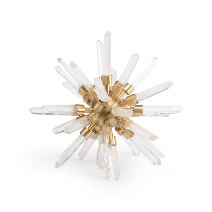 Decorative chandelier with gold and clear crystal design on a white background