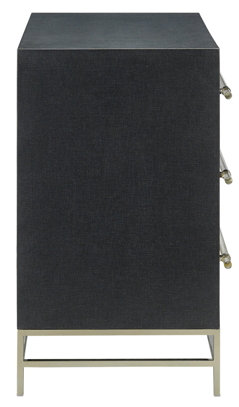 Currey and Company Chest from the Marcel collection in Navy Lacquered Linen/Polished Nickel/Black finish