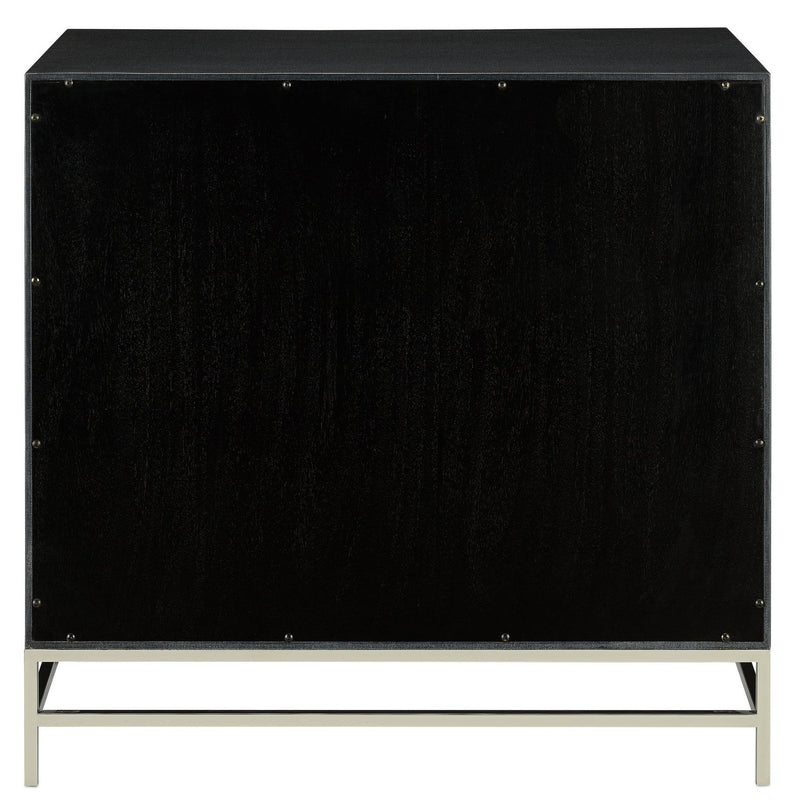 Currey and Company Chest from the Marcel collection in Navy Lacquered Linen/Polished Nickel/Black finish