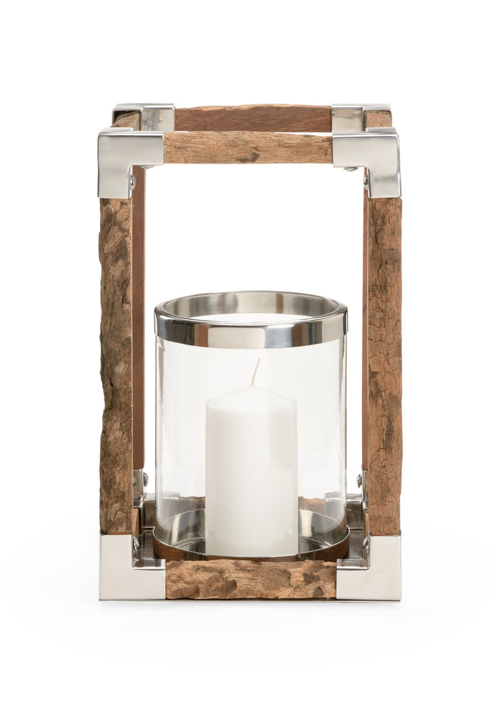 Wooden lantern with glass candle holder on a white background