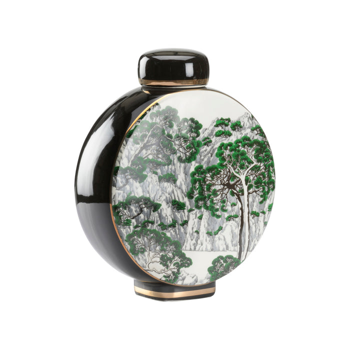 Decorative vase with a black rim and a scenic design of trees on a white background