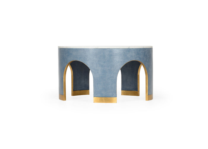 Decorative arch-shaped object with blue and gold design on a white background