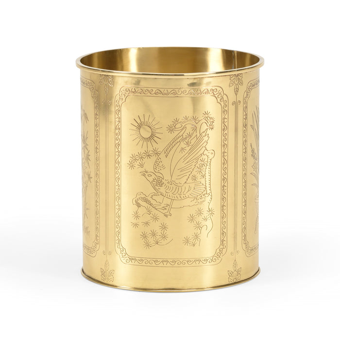 Gold metal container with engraved design on a white background