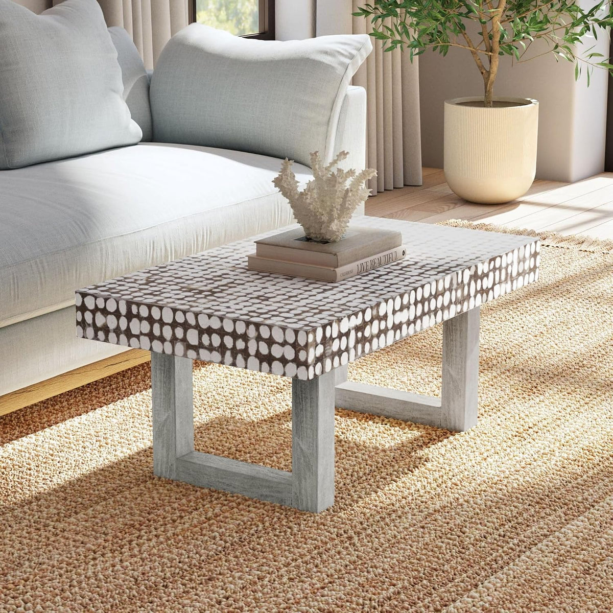 Design Shop Coconut Shell Coffee Table With U-Shaped Legs, 40"W, White