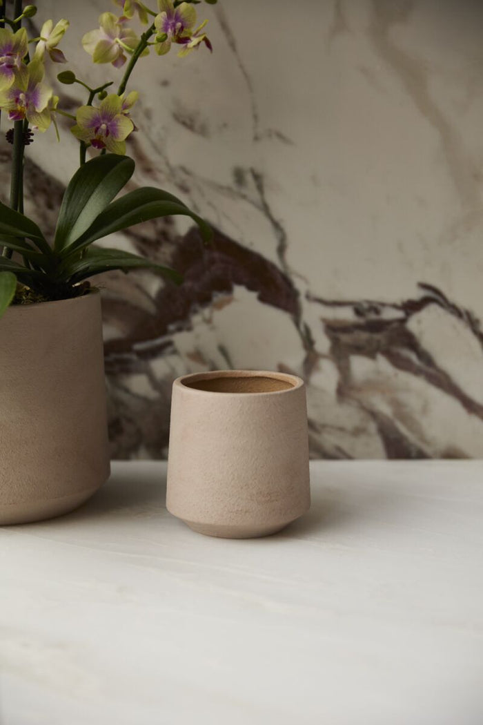 Beige ceramic cup and plant on a white surface with a marble-patterned wall in the background