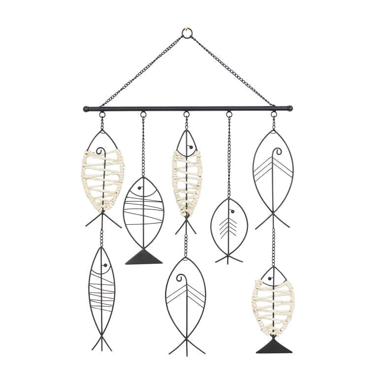 Black Metal Fish Indoor Outdoor Wire Wall Decor With Rattan Accents, 21" X 1" X 31"