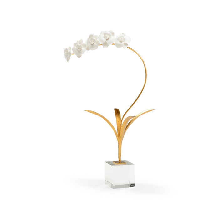 Decorative orchid with gold leaves in a clear vase on a white background