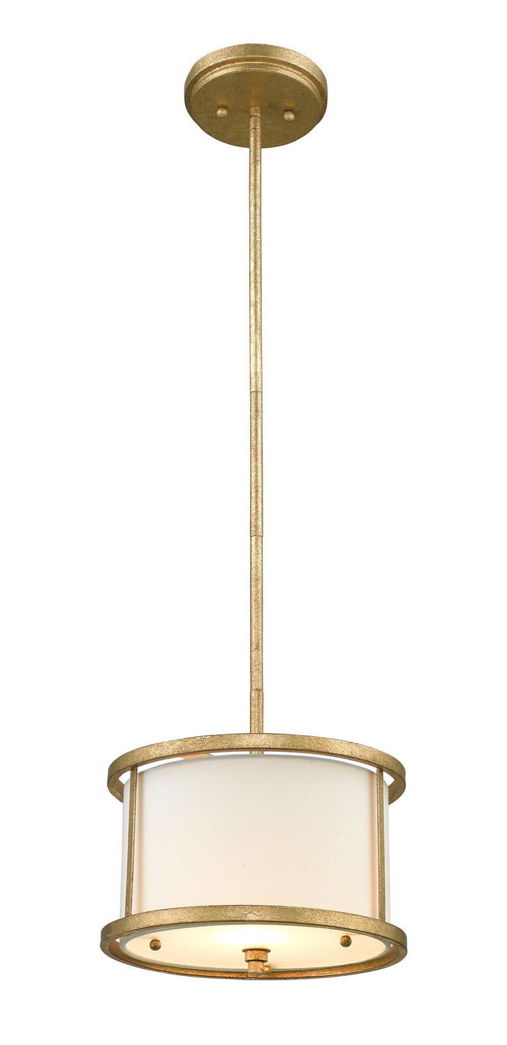 A mini pendant light with a golden patina finish, featuring a drum shade and a chandelier-style mounting.