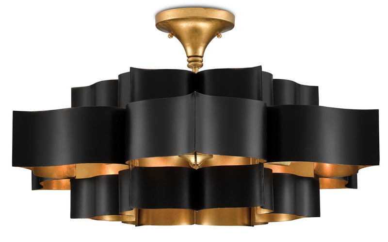 Currey and Company - 9000-0429 - Six Light Chandelier - Grand Lotus Collection - Satin Black/Contemporary Gold Leaf