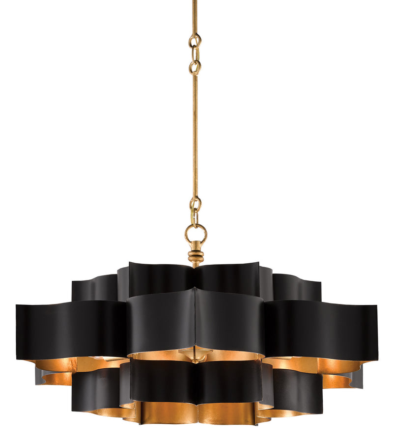 Currey and Company - 9000-0429 - Six Light Chandelier - Grand Lotus Collection - Satin Black/Contemporary Gold Leaf