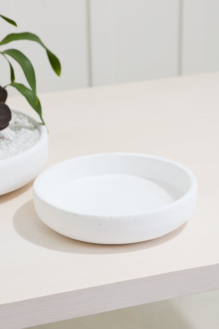 White ceramic bowl on a light surface with a plant in the background