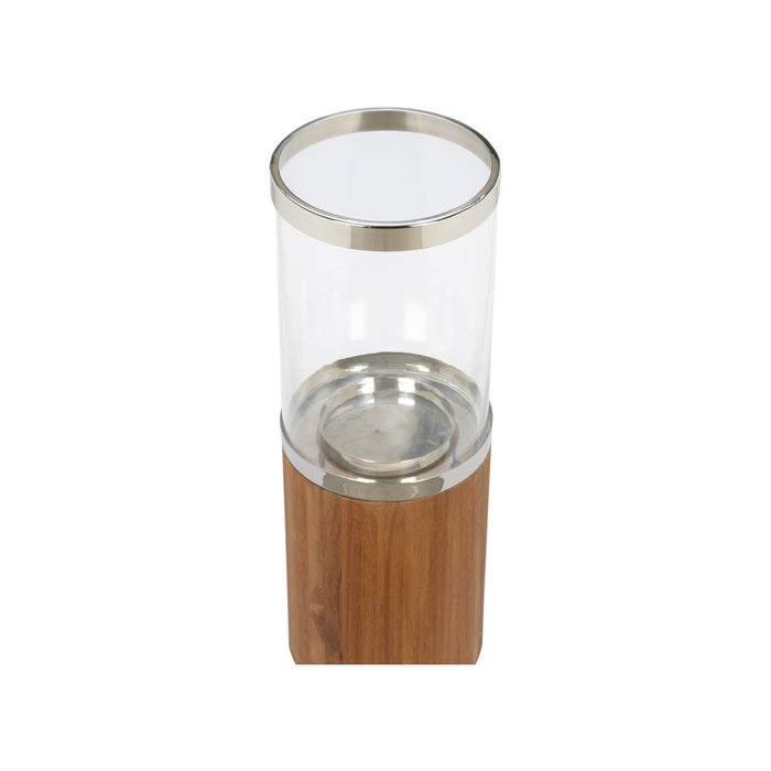 Tall cylindrical container with wooden base and metallic top on a white background