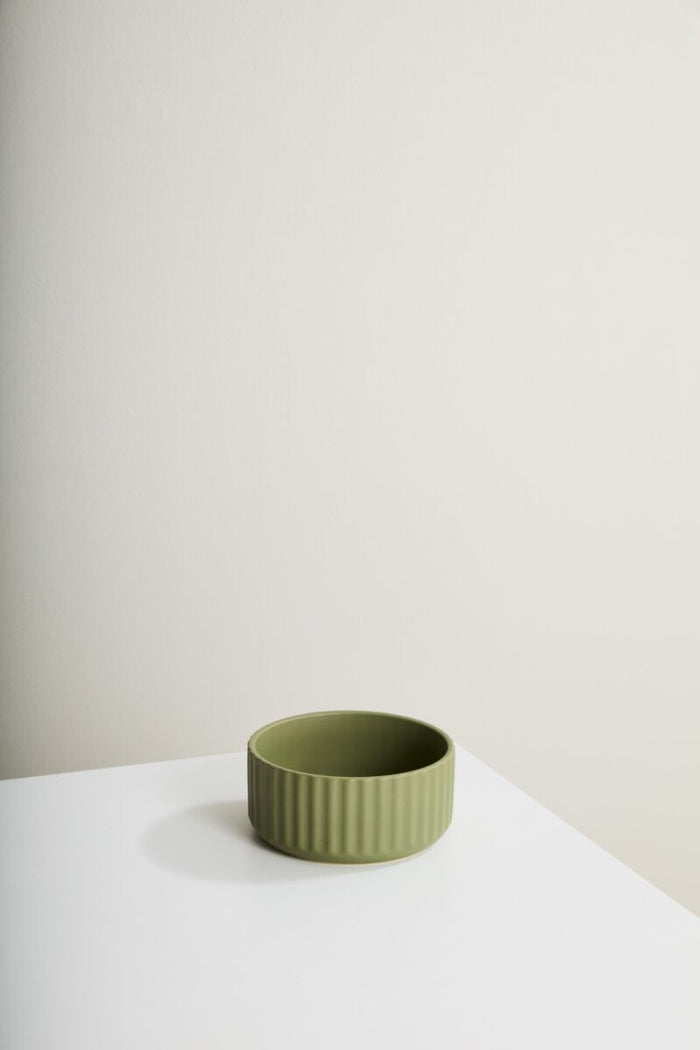 Green ceramic bowl on a white surface with a plain background
