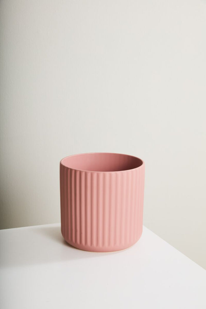 Pink textured vase on a white surface with a light gray background