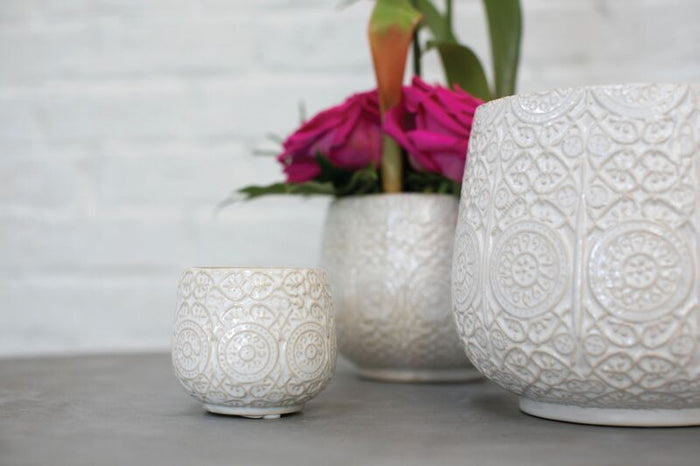 Three white textured ceramic pots with a blurred background