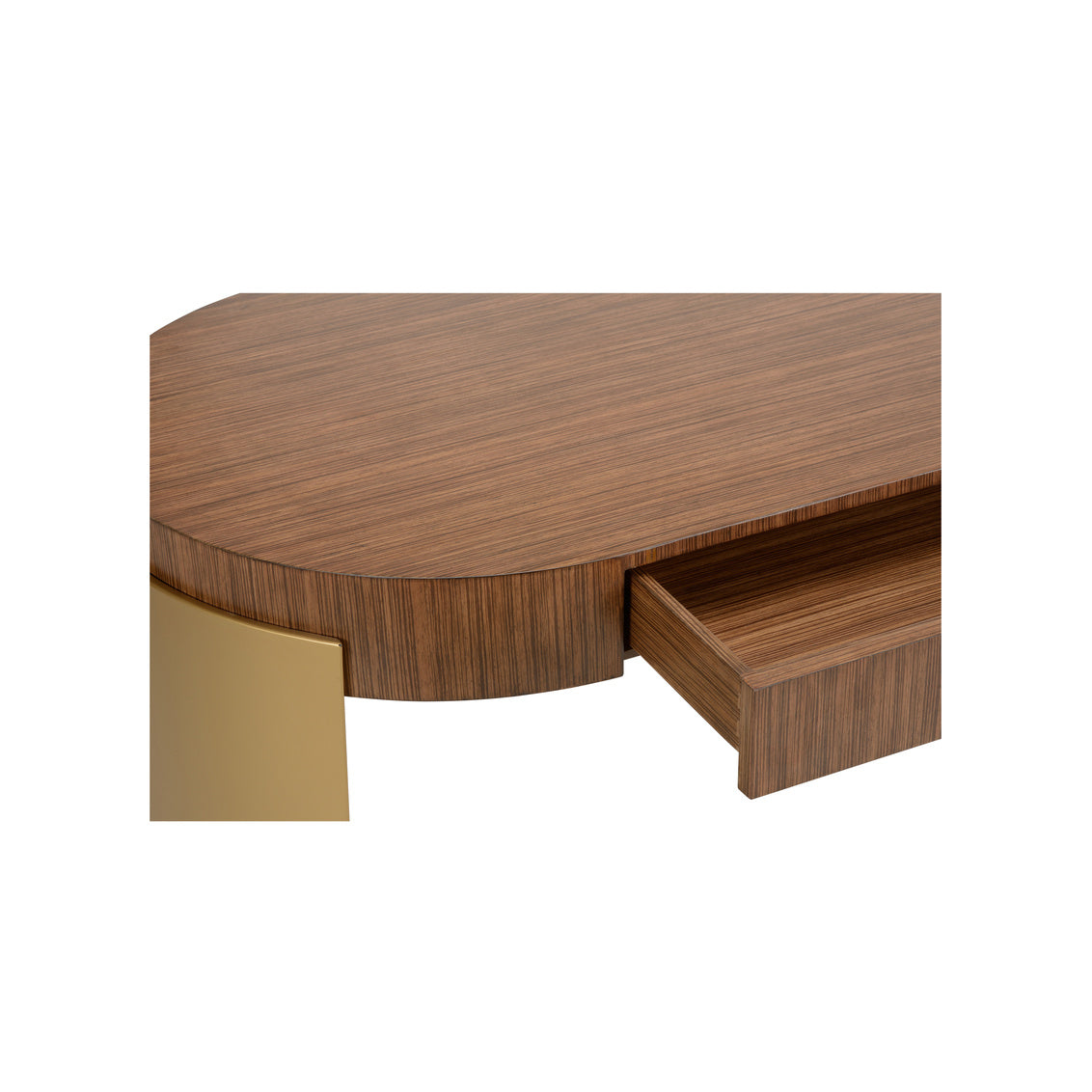 Wooden desk with a drawer and gold accent on a white background