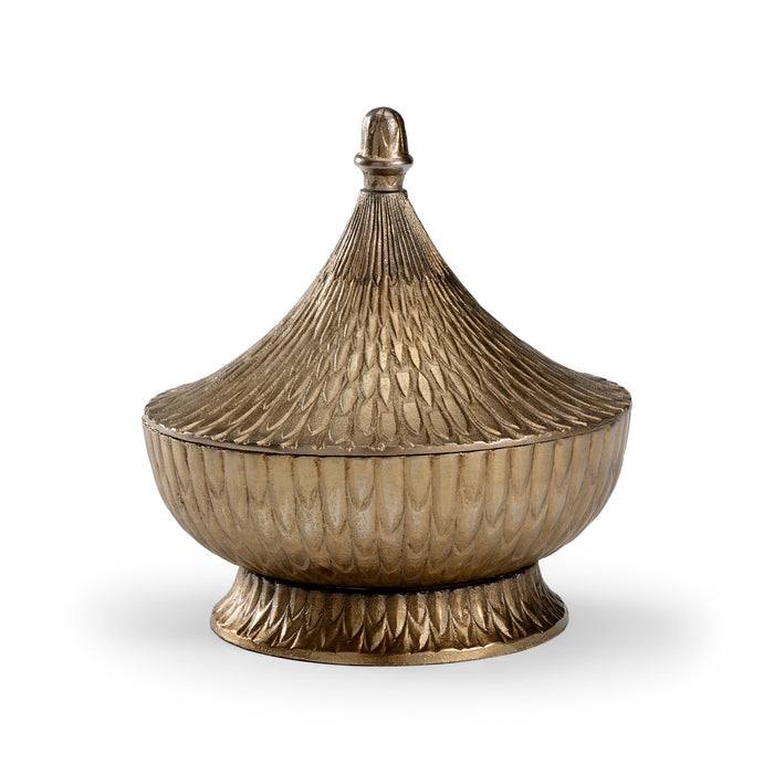 Decorative bronze container with lid on a white background