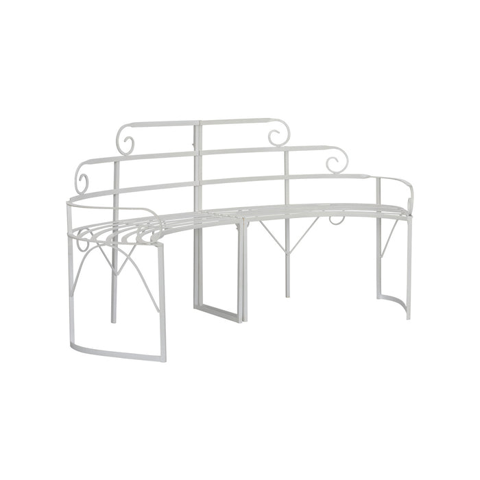 White metal bench with decorative backrest on a white background