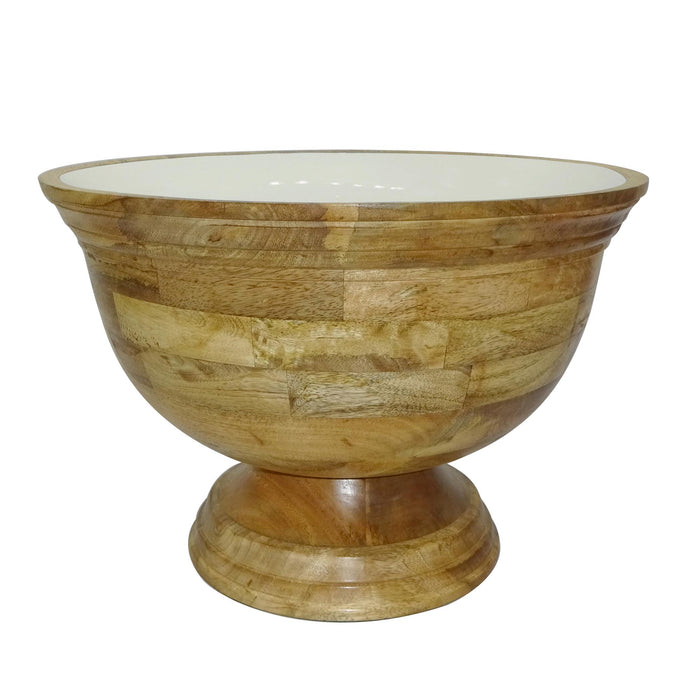 Design Shop Medium Enamel and Mango Wood Round Pedestal Bowl, 13"W, White/Natural