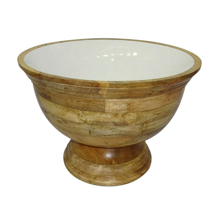 Design Shop Medium Enamel and Mango Wood Round Pedestal Bowl, 13"W, White/Natural