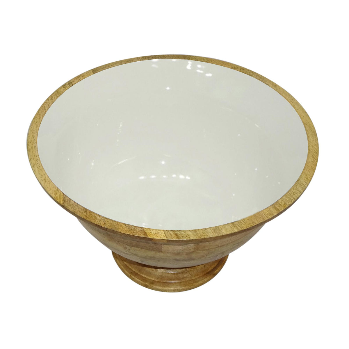 Design Shop Medium Enamel and Mango Wood Round Pedestal Bowl, 13"W, White/Natural