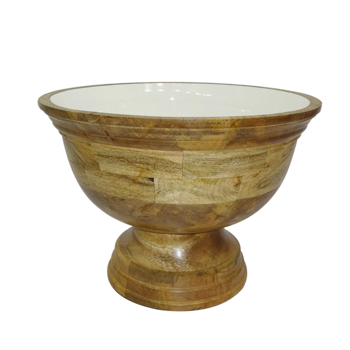 Design Shop Large Enamel and Mango Wood Round Pedestal Bowl, 16"W, White/Natural