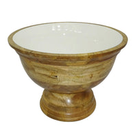 Design Shop Large Enamel and Mango Wood Round Pedestal Bowl, 16"W, White/Natural